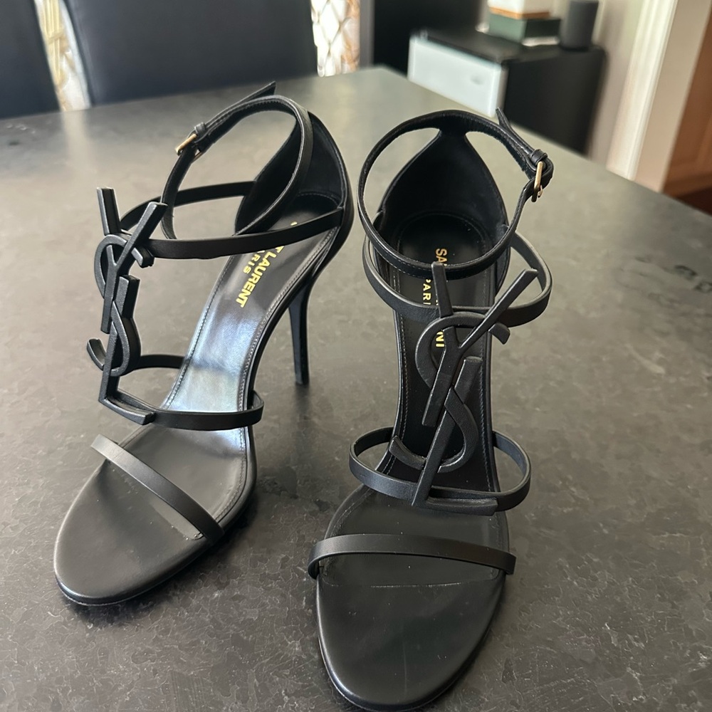 Saint Laurent Black Strappy Heels with T-Strap Design